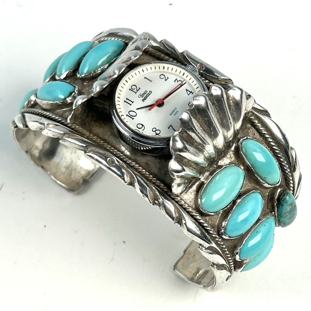 R&G Daye Sterling Silver Turquoise 14 Stone Watch Cuff Timex 76.1g